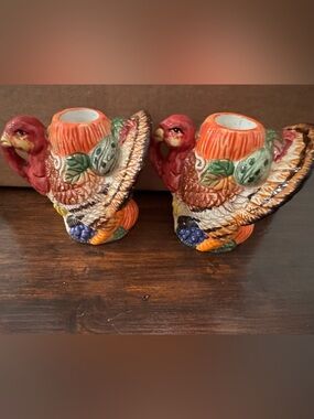 Vintage Ceramic Turkey Candle Holders Set of 2 Thanksgiving Fall Harvest Decor